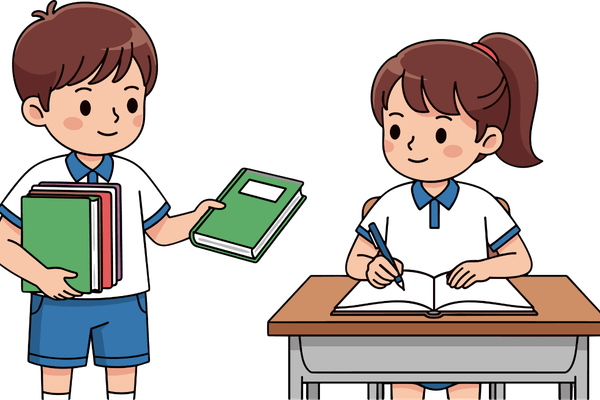Two schoolchildren with textbooks and an exercise book — we learn from the school material