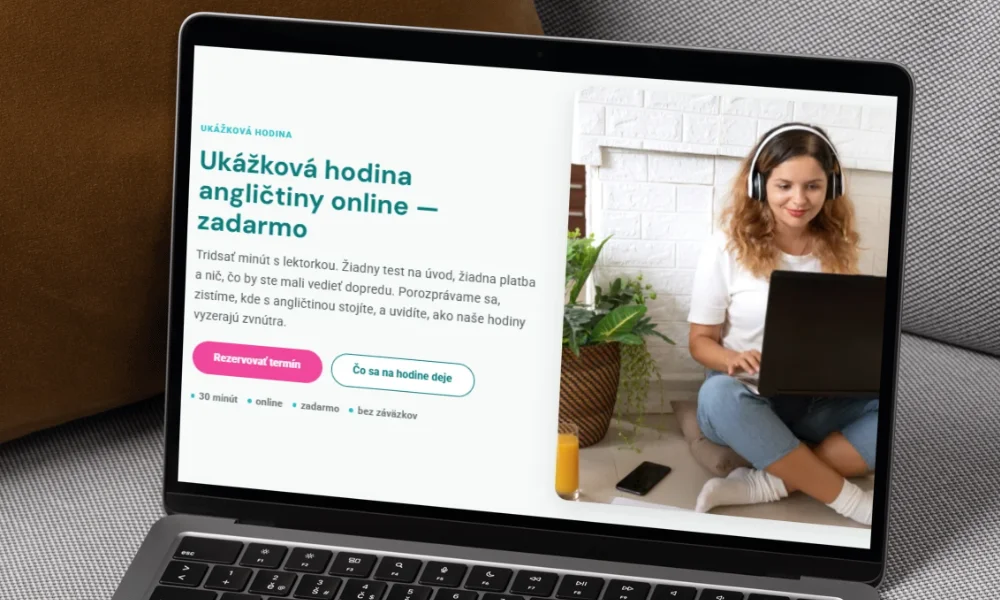Free English demo lesson — the booking page on a laptop